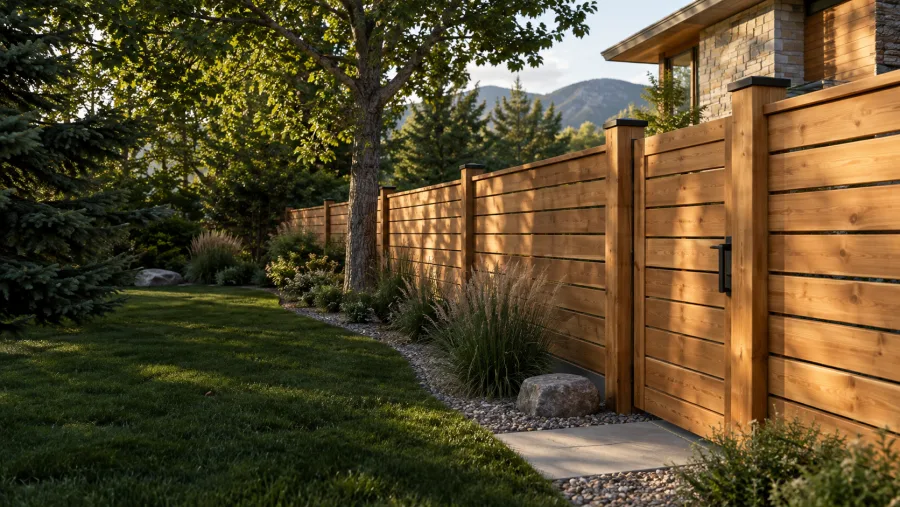 Detail of the illustrative cedar gate and warm wood finish